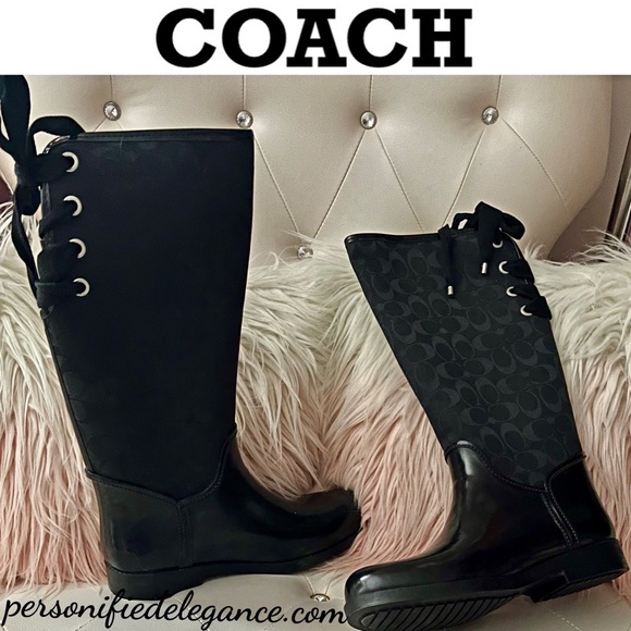 Coach Black Signature Jacquard Back Lace Up Rain Boots Size 11B/41 - Picture 15 of 15